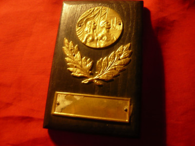 Placheta Sportiva din lemn si metal aurit ,dim.=10,7x7,2cm foto