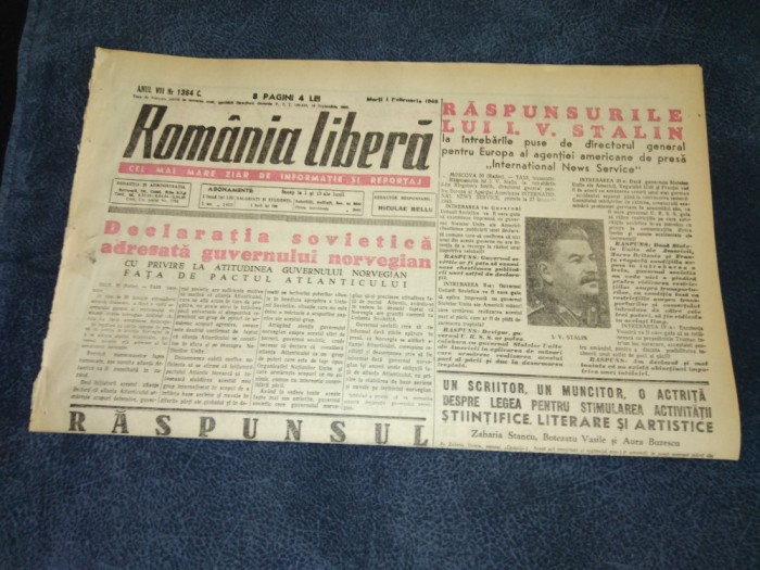 ZIARUL ROMANIA LIBERA 1 FEBRUARIE 1949