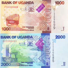 Bancnota Uganda 1.000 si 2.000 Shilingi 2022 - P49/50 UNC ( set x2 )