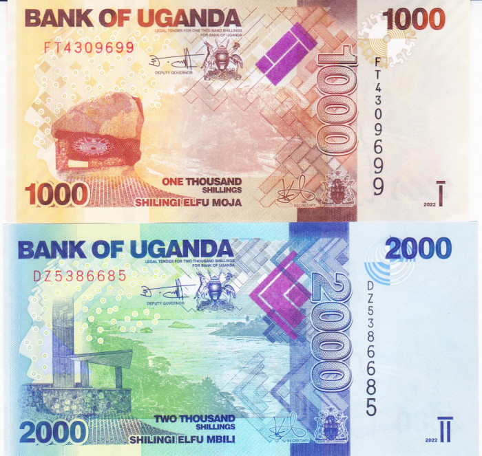 Bancnota Uganda 1.000 si 2.000 Shilingi 2022 - P49/50 UNC ( set x2 )