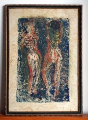 Imbaiere - arta erotica, tehnica mixta pe hartie cu fibre, tablou nuduri 33x48cm