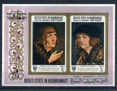 Qu&amp;acute;aiti State Hadhramaut 1967 Paintings, Cranach, perf. sheet, MNH S.199 foto