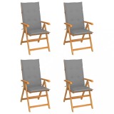 Set 4 Scaune Gradina vidaXL, Lemn Tec, Pliabile, Spatar Reglabil + Perne Gri, 57x71.5x109cm