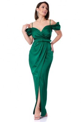 Rochie maxi Serena fara maneci din satin verde crapata pe picior - M(38) foto