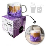 Cana 180 ml din sticla borosilicata, pereti dubli, model flori hortensie mov, in cutie cadou, JollyMag, SZK76