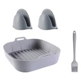 Set 4 accesorii pentru friteuza cu aer, cos din silicon, 2 manusi si perie din silicon, dimensiuni cos 20.5 x 20.5 cm, gri