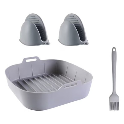 Set 4 accesorii pentru friteuza cu aer, cos din silicon, 2 manusi si perie din silicon, dimensiuni cos 20.5 x 20.5 cm, gri foto