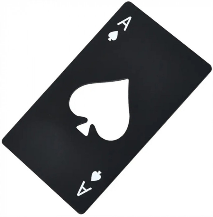 Desfacator sticle model carte de joc As, otel inoxidabil, 8.5 x 5.4 cm, negru