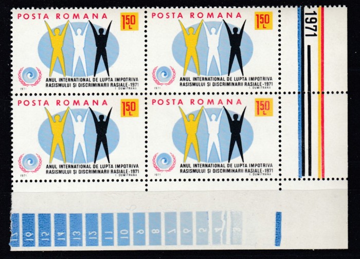 ROMANIA1971 LP 755 ANUL INTERNATIONAL LUPTA CONTRA RASISMULUI BLOC 4 TIMBRE MNH