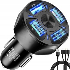 Incarcator auto universal cu 4 porturi USB (3 x 2.1A + 1 x 3.0 QC), cablu 3 in 1 cu mufe USB-C, MicroUSB si Lightning, 12, 32V, negru