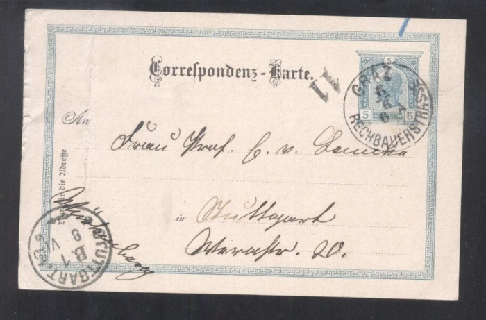 Austria - Postal History Rare Postcard Correspondenz Graz to Stuttgart D.369