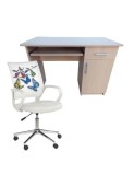Set birou cu spatiu depozitare pentru scolari, Pal Melaminat, sertar, 2 rafturi, polita glisanta tastatura, fag si scaun HM Ibis Butterfly, stofa/piel