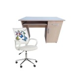 Set birou cu spatiu depozitare pentru scolari, Pal Melaminat, sertar, 2 rafturi, polita glisanta tastatura, fag si scaun HM Ibis Butterfly, stofa/piel