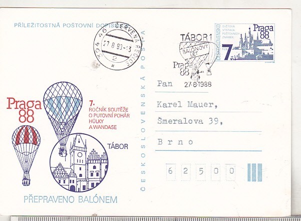 bnk cp Cehoslovacia - Expofil Praga `88 - stampila ocazionala - marca fixa - circulata - posta prin balon