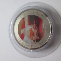 Rară! Canada 25 Cents 2013 color Poof/Unc 60 ani încoronarea reginei,diam=35 mm