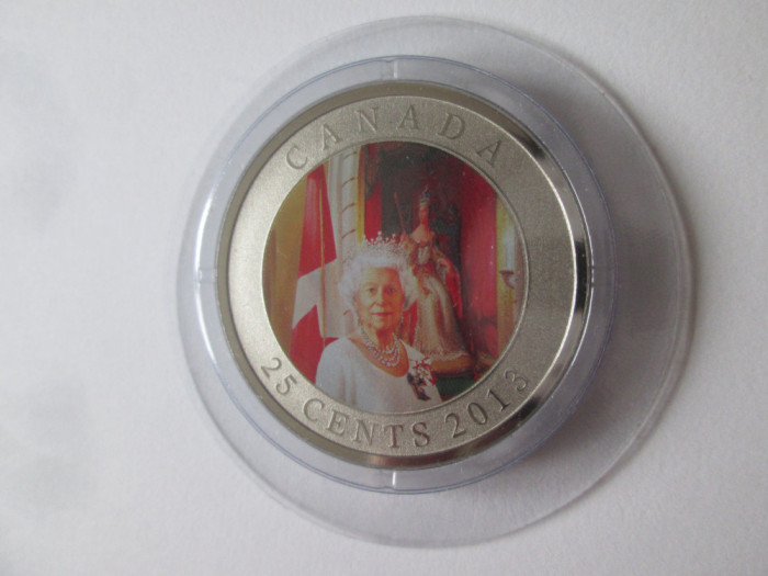 Rară! Canada 25 Cents 2013 color Poof/Unc 60 ani &icirc;ncoronarea reginei,diam=35 mm