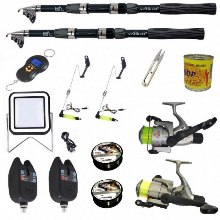 Set complet de pescuit sportiv cu lanseta Wind Blade de 3 m, mulinete Cobra, 2 senzori, guta, cantar, swingeri si boabe