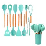 Set 12 Ustensile Bucatarie Silicon cu Maner Lemn, Turcoaz, 30cm - Cleste, Tel, Spatula, Polonic, Lingura, Pensula + Suport
