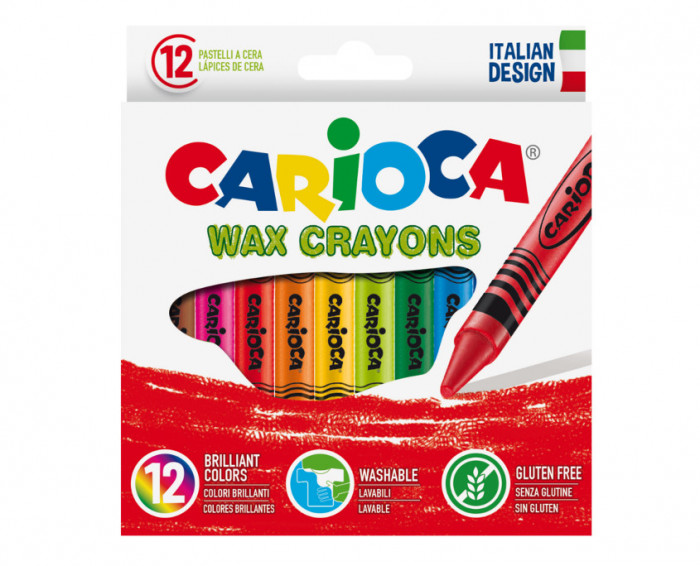 Creioane Cerate, Rotunde, Lavabile, D- 8mm, 12 Culori/cutie, Carioca Wax Crayons