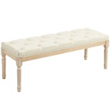 HOMCOM Banchetă clasică capitonată 115cm capăt de pat tapițată &icirc;n stofă cu aspect de in - lemn de hevea sculptat, patinat - crem | Aosom Romania