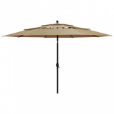 Umbrelă de soare 3 niveluri, st&acirc;lp aluminiu, gri taupe, 3,5 m