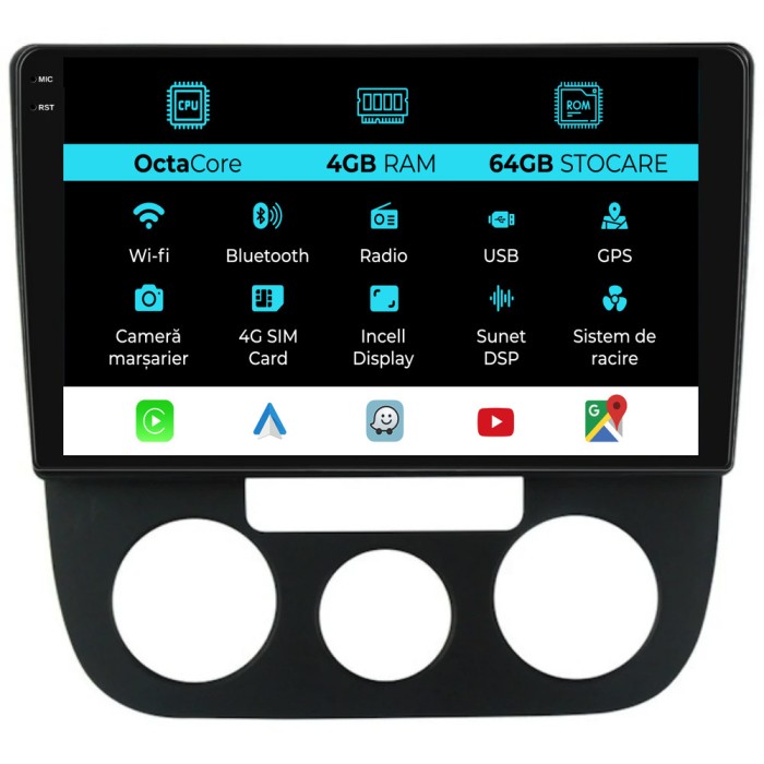 Navigatie Dedicata Volkswagen Golf5 Jetta (2004-2009), 10Inch, 4Gb Ram, 64Gb Stocare, Carplay - Clima Manuala
