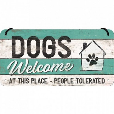 Placa metalica cu snur -Dogs welcome - 10x20 cm foto