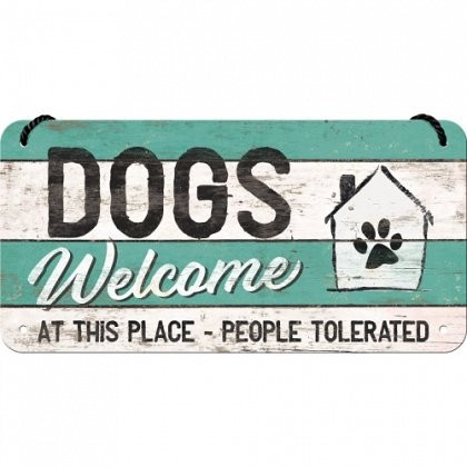 Placa metalica cu snur -Dogs welcome - 10x20 cm