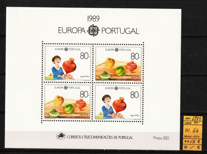 Portugalia, 1989 | Jucării tradiţionale pentru copii - Europa / CEPT | MNH | aph