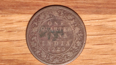 India Britanica - moneda de colectie - 1/4 quarter anna 1920 George V - bronz foto