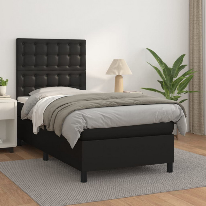 vidaXL Pat box spring cu saltea, negru, 90x190 cm, piele ecologică