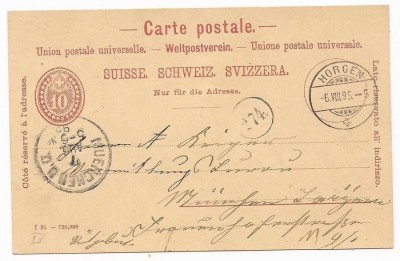 Switzerland 1895 Old postcard postal stationery Mi.P27 Horgen to Munchen D.760 foto