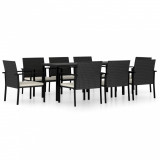 Set de masă și scaune de exterior, 9 piese, negru, poliratan, vidaXL