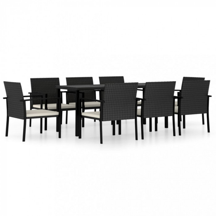 Set de masă și scaune de exterior, 9 piese, negru, poliratan