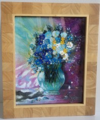 TABLOU nou, pictura ulei si cutit, pictor roman,&amp;quot;Flori Nu ma uita&amp;quot;, inramata, foto