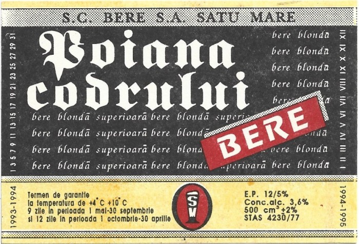 NI430 Etichetă bere Poiana codrului, 1994-1995, SC Bere SA Satu Mare