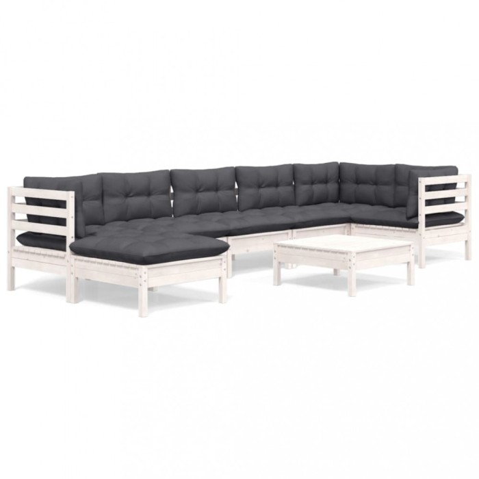 vidaXL Set mobilier de grădină cu perne, 8 piese, alb, lemn masiv pin 3096557