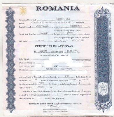 bnk div Certificat actionar Rulmenti grei Ploiesti - 1996 foto