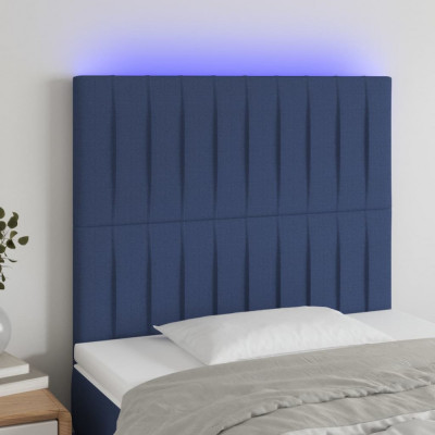 vidaXL Tăblie de pat cu LED, albastru, 90x5x118/128 cm, textil foto