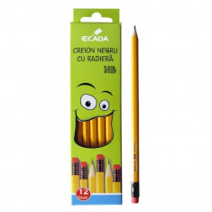 Set 12 Creioane Grafit ECADA, Mina HB, Corp Hexagonal de Lemn cu Radiera, Creioane Desen HB, Creioane Grafit HB, Creioane ECADA HB, Set Creioane Grafi