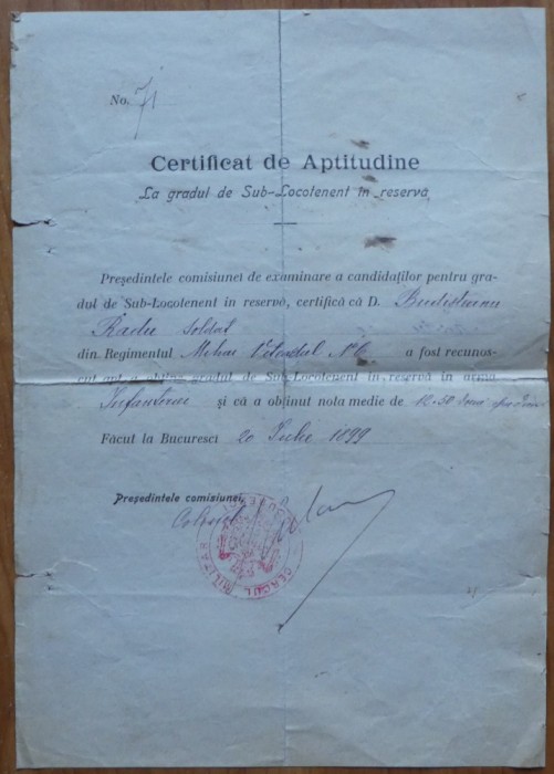 Regimentul Mihai Viteazul, Certificat de aptitudine la gradul de sublocotenent, Bucuresti, 1899