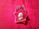 Insigna Pionier URSS - Intotdeauna Gata , Lenin , metal si email , L=3,2cm