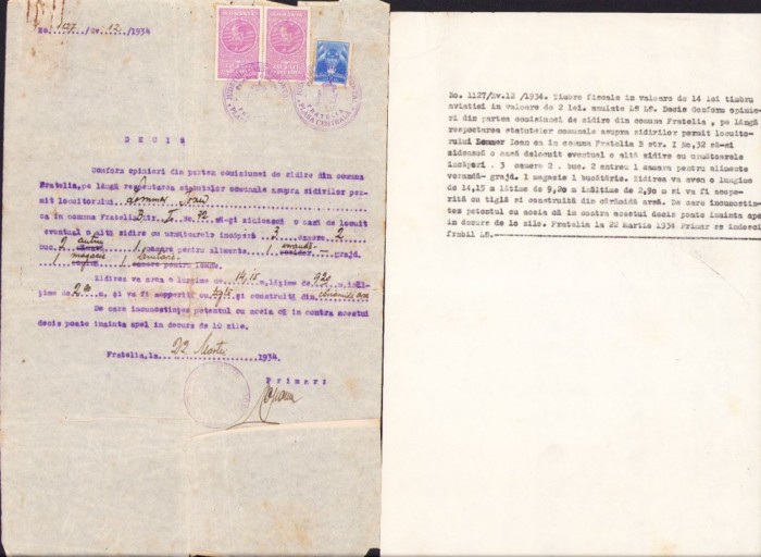 A830 Autorizație construcție, 1934, Fratelia, județul Timiș