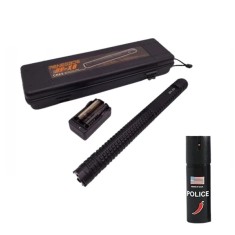 Set baston electrosoc lanterna si spray paralizant chili DEPOX&reg;, metalic, 35 cm/60 ml, negru, cutie inclusa