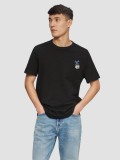 Tricou barbati la baza gatului, imprimeu cu desene animate si croiala Regular Fit, Negru, S