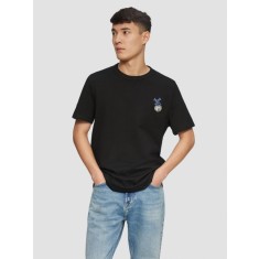 Tricou barbati la baza gatului, imprimeu cu desene animate si croiala Regular Fit, Negru, S