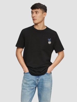 Tricou barbati la baza gatului, imprimeu cu desene animate si croiala Regular Fit, Negru, S foto