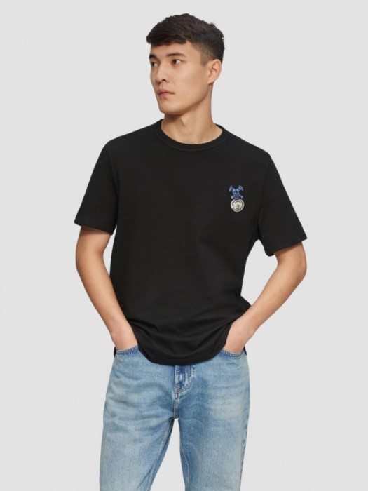 Tricou barbati la baza gatului, imprimeu cu desene animate si croiala Regular Fit, Negru, S