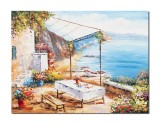 Cumpara ieftin Tablou terasa la malul marii pictat manual, Colt de rai, 80x60cm ulei pe panza in cutit