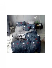 Set lenjerie de pat o persoana reversibila albastru cu stelute si gri in carouri 4 buc 155x205 cm foto